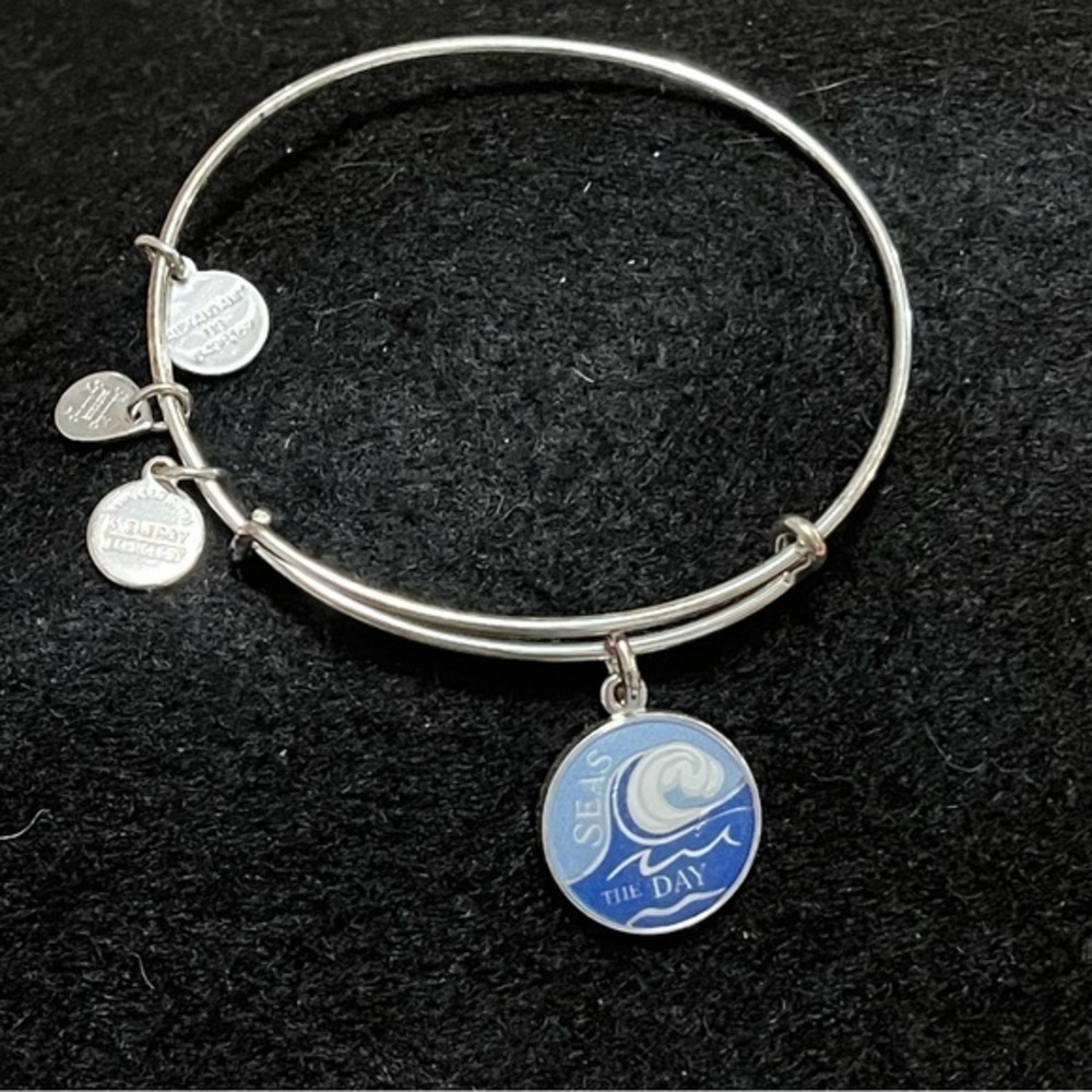 Alex and Ani Silver Bangle Bracelet with Blue Seas the Day Charm